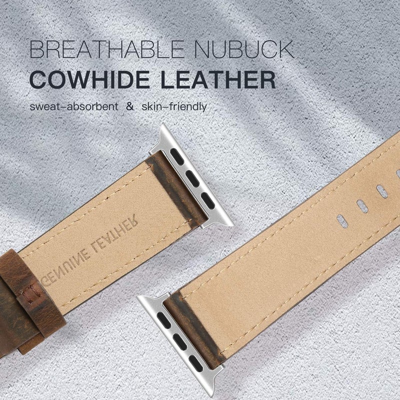 EDIMENS Leather Bands Compatible with Apple Watch 42mm 44mm, Genuine Leather Vintage Strap Classic Buckle Compatible with Apple iWatch Series 5/4/3/2/1, Sports&Edition Men & women,Retro Brown Silver - Image 4